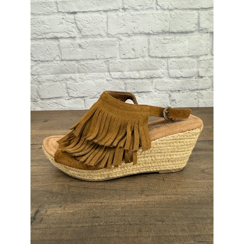 Minnetonka Womens 9 Brown Suede Fringe Espadrille Wedge Sandals Boho Festival